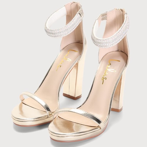 Lulus Cute Pearly Gold Metallic High Heels Block Heel - Picture 2 of 12